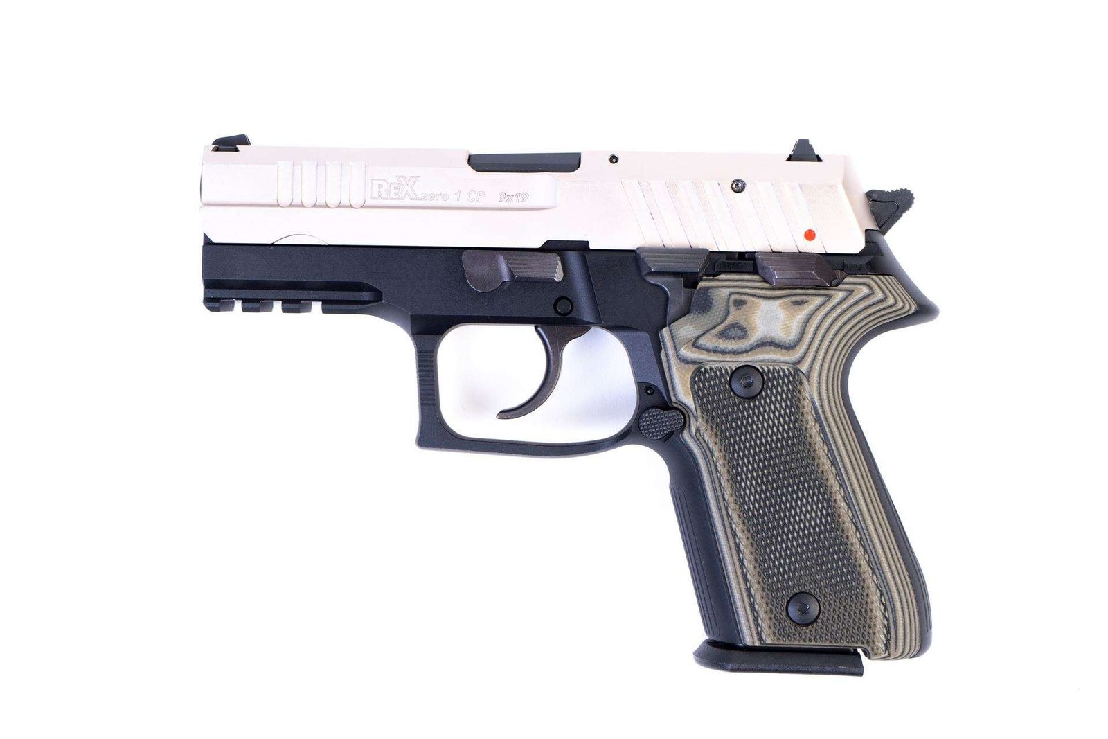 Arex Rex Zero 1CP-08G1 Silver with Hogue Checkered Green Grips 9mm Semi-Automatic 15 Round Pistol