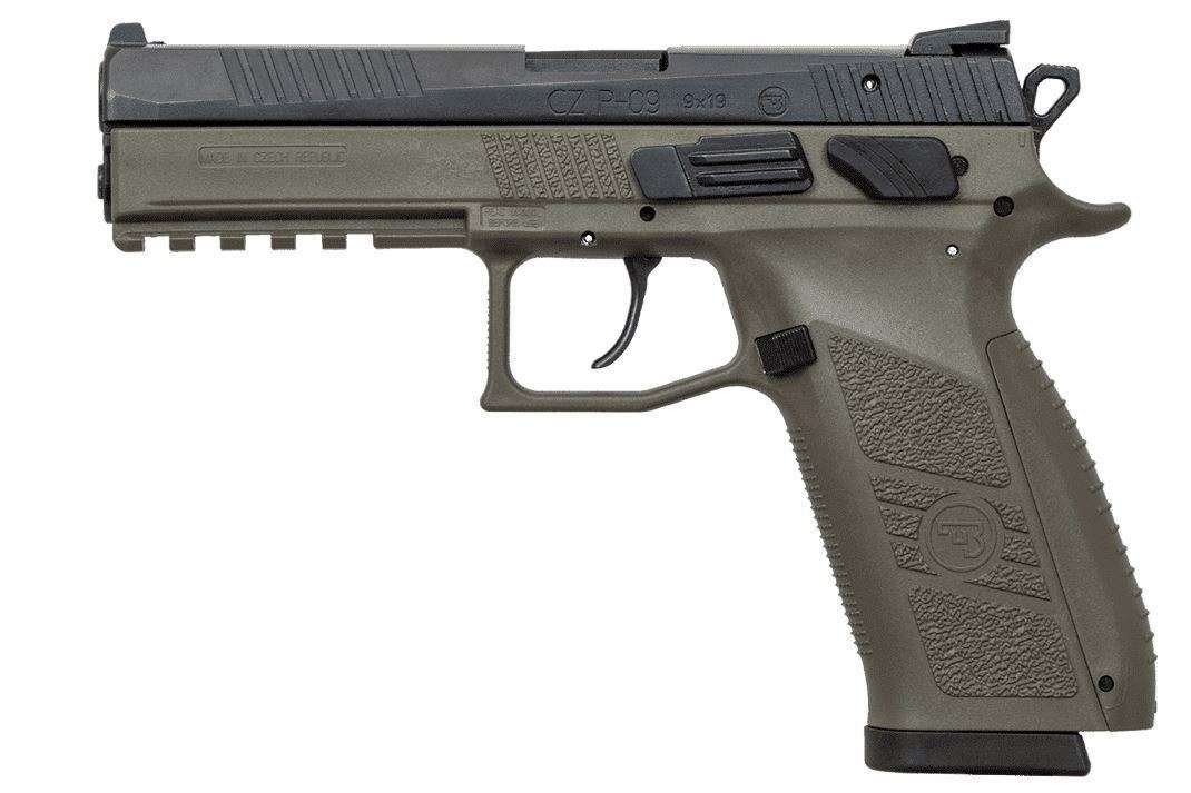 CZ P-09 9mm OD green frame black slide; NS – interchangeable back straps – 10 rd mags