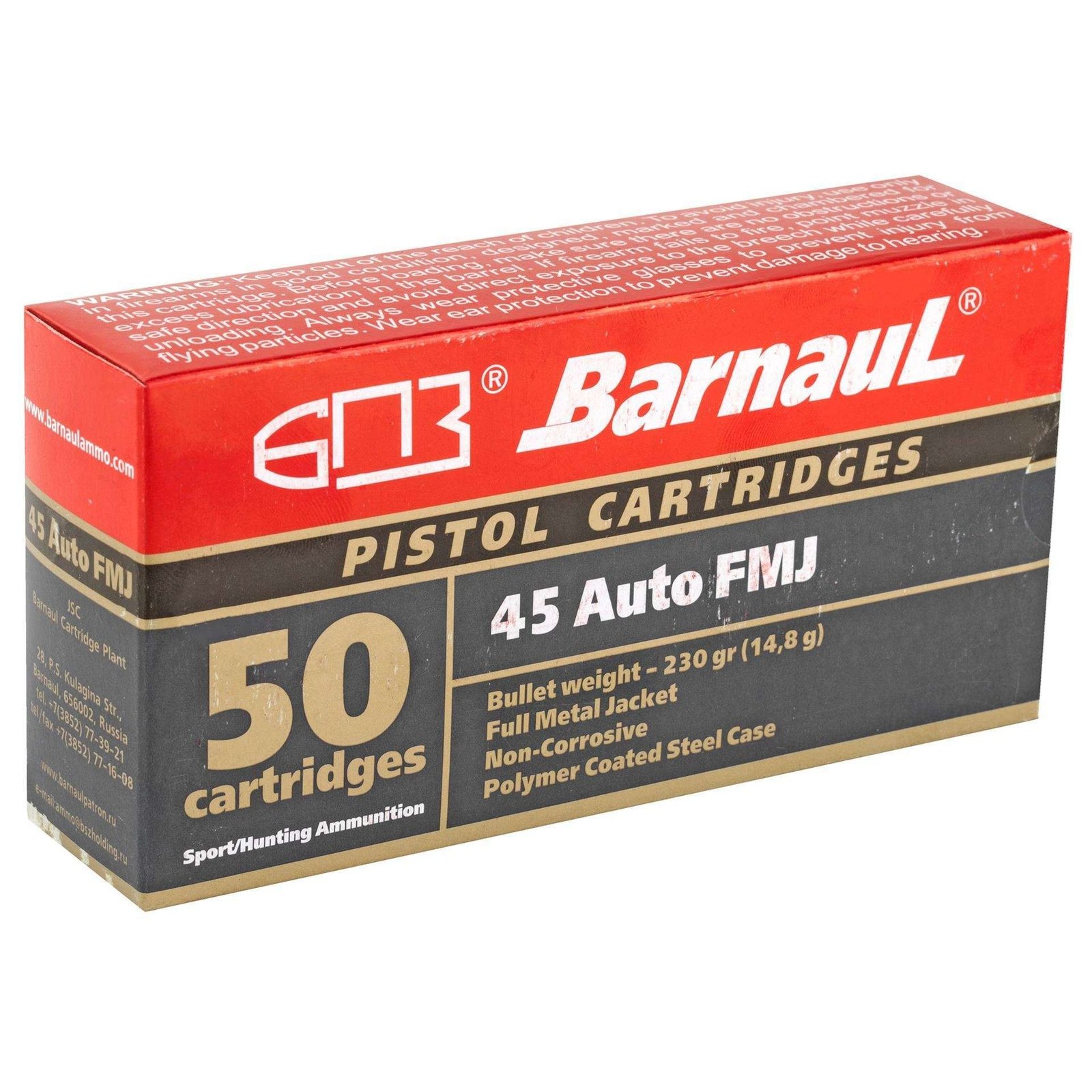 Barnaul 45 ACP 230Gr FMJ Steel Polycoated 500 Rounds Ammunition